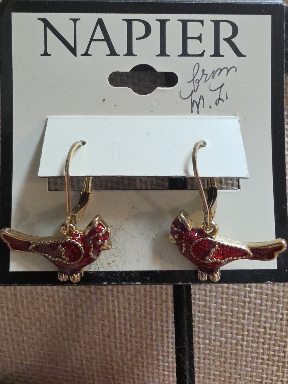 Napier Gold-tone Red Enamel Cardinal Drop Earrings